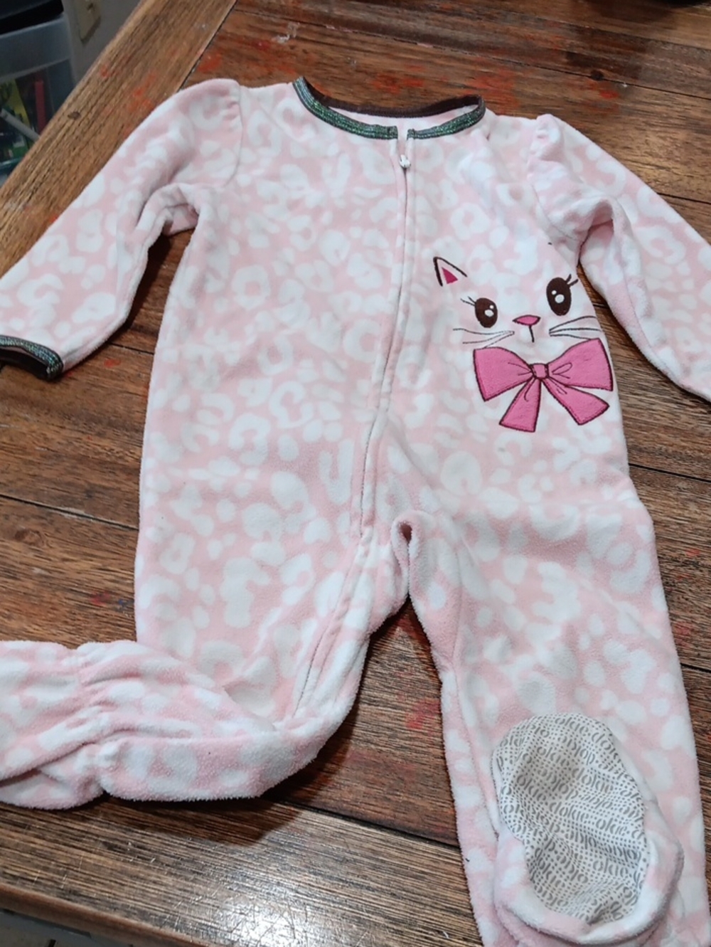 okie dokie Pink Fleece Cat Bow Footed One-Piece Sleeper